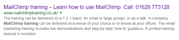 SERP page 1 for MailChimp training